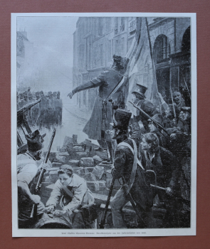 Kunst Druck Frankreich 1909 Paul Charles Chocarne Moreau Barrikaden szene Juli revolution 1830